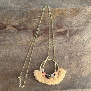 Peach fringe multicolor stone pendant long boho statement necklace
